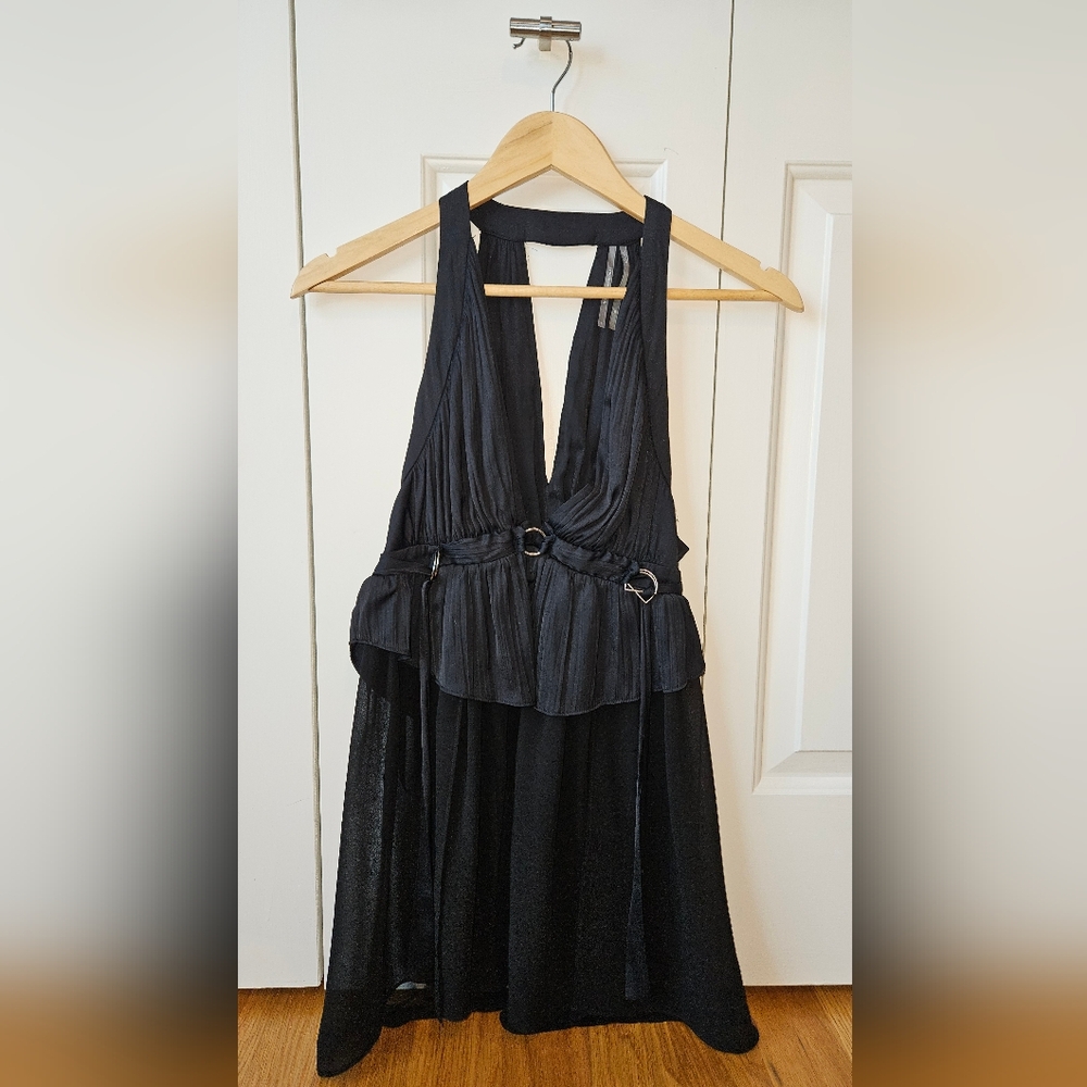 by Anthropologie, Xs, Mixed Fabric Black, Plunge Halter Top
